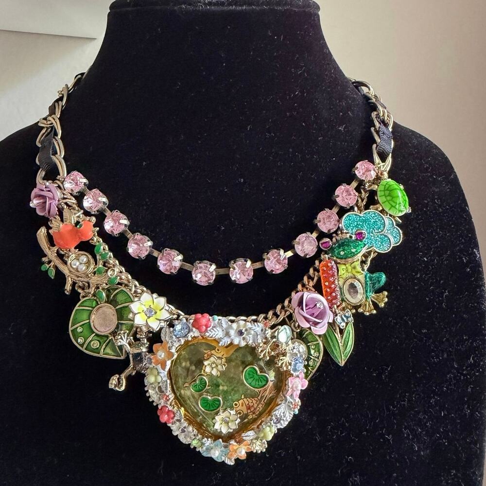 Betsey Johnson Heart Necklace Frog Bird Garden Whimsical Chunky Statement